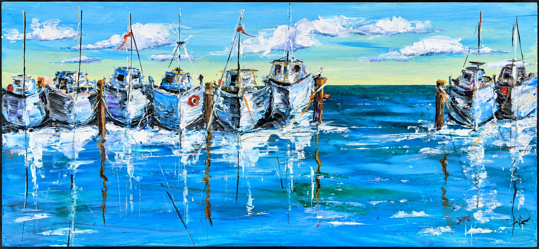 Harbour of a Thousand Blues, acrylic on driftwood by Katerina Kovatcheva