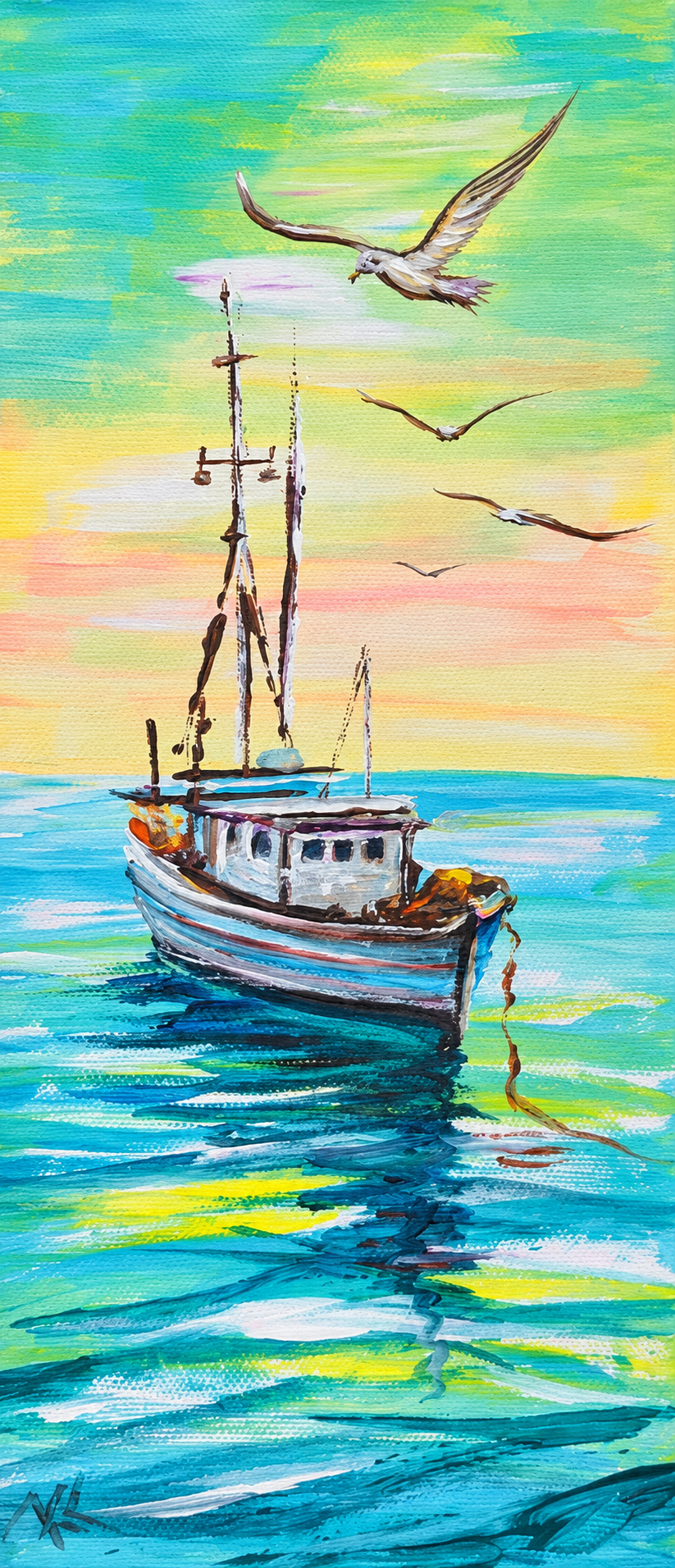 Gulls over Still Water, acrylic by Katerina Kovatcheva