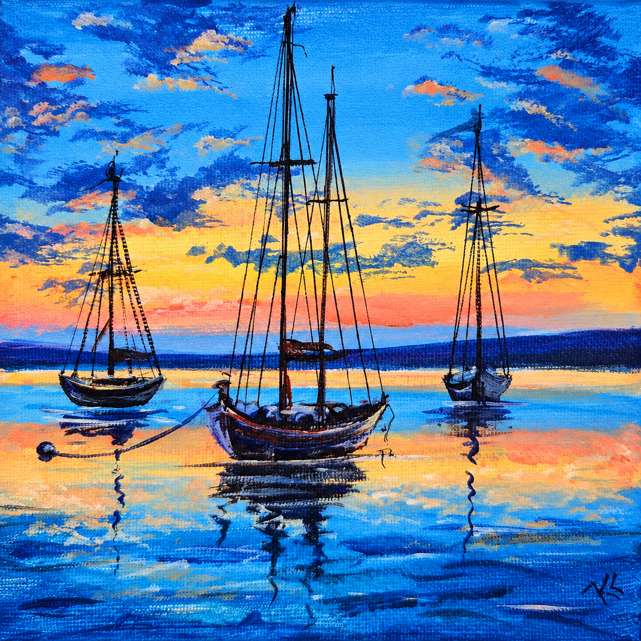 Three Anchors at Dusk, acrylic by Katerina Kovatcheva