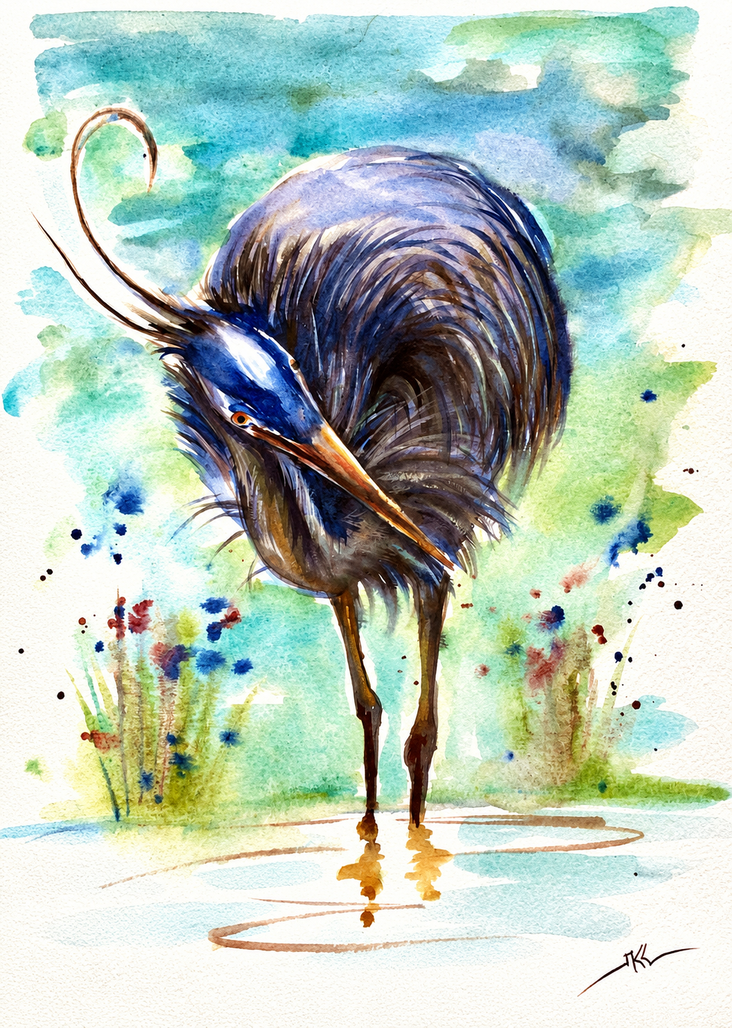 The Heron’s Reverie, watercolor by Katerina Kovatcheva