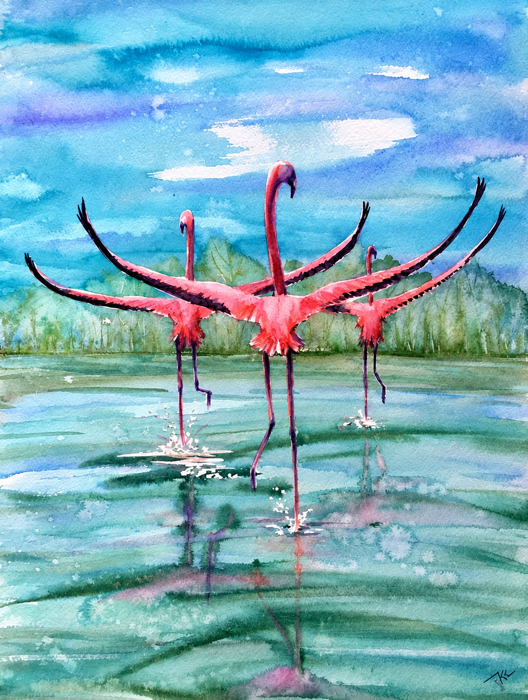 The Flamingo Waltz, watercolor by Katerina Kovatcheva