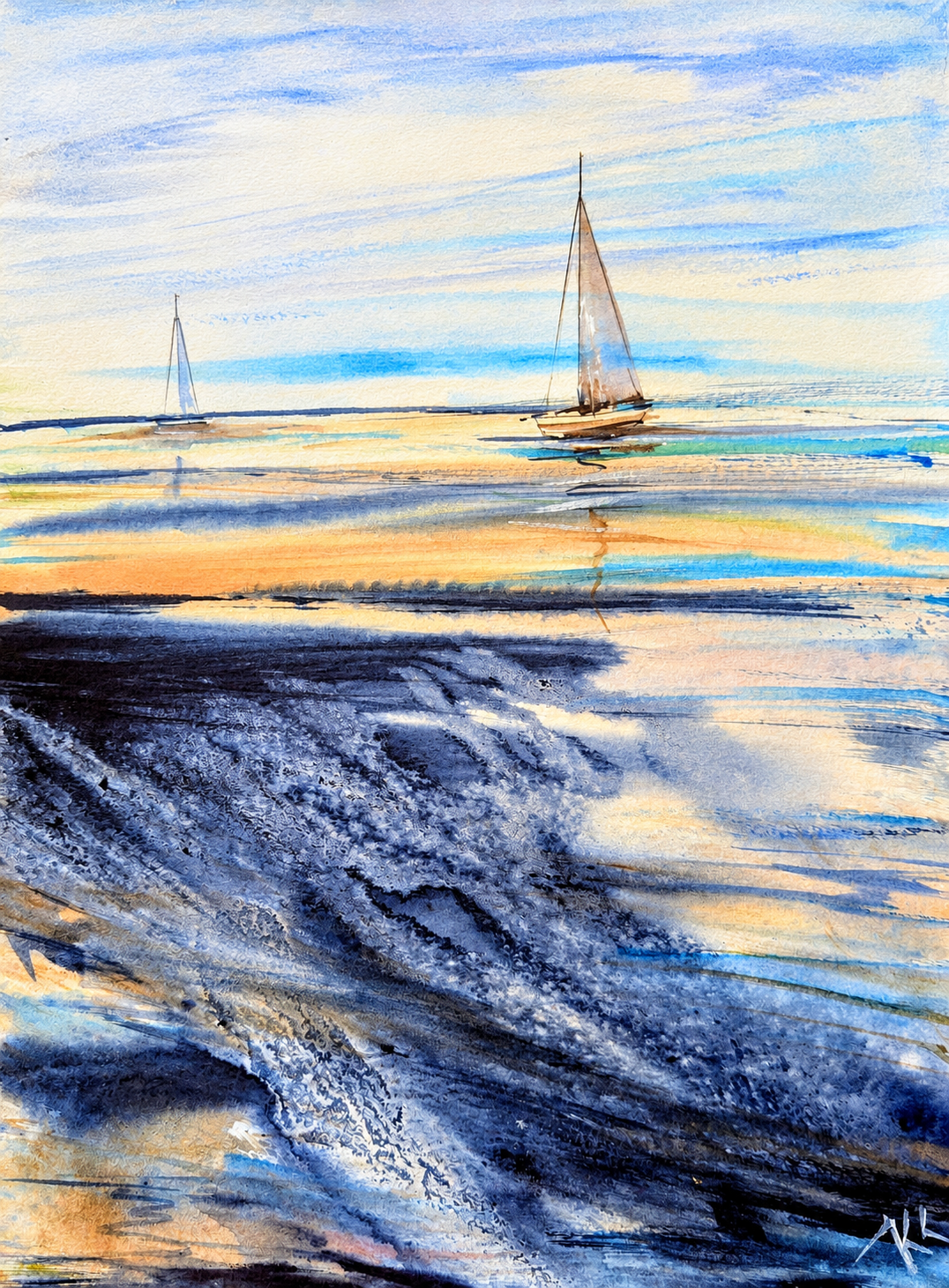 Sails Across Liquid Light, watercolor by Katerina Kovatcheva