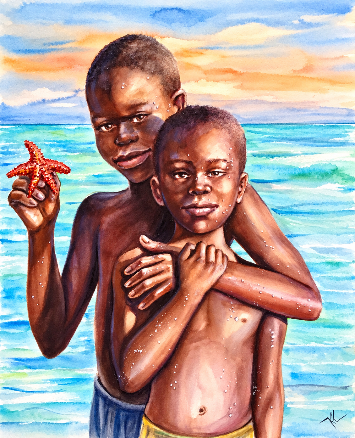 The Starfish Secret, watercolor by Katerina Kovatcheva